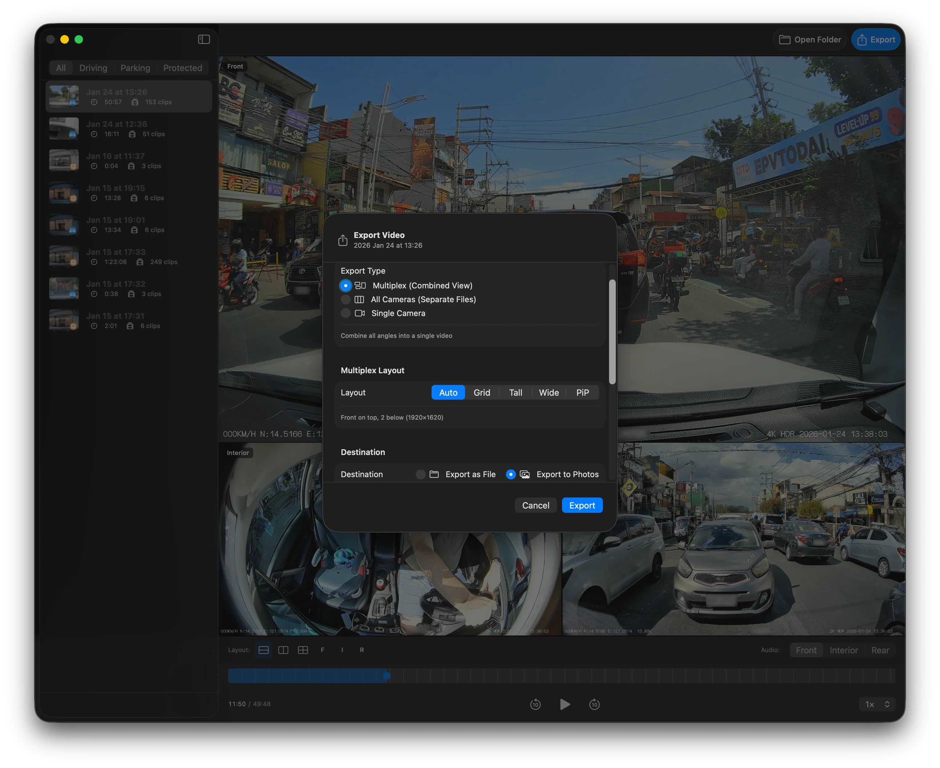 Export panel with the quality and destination options