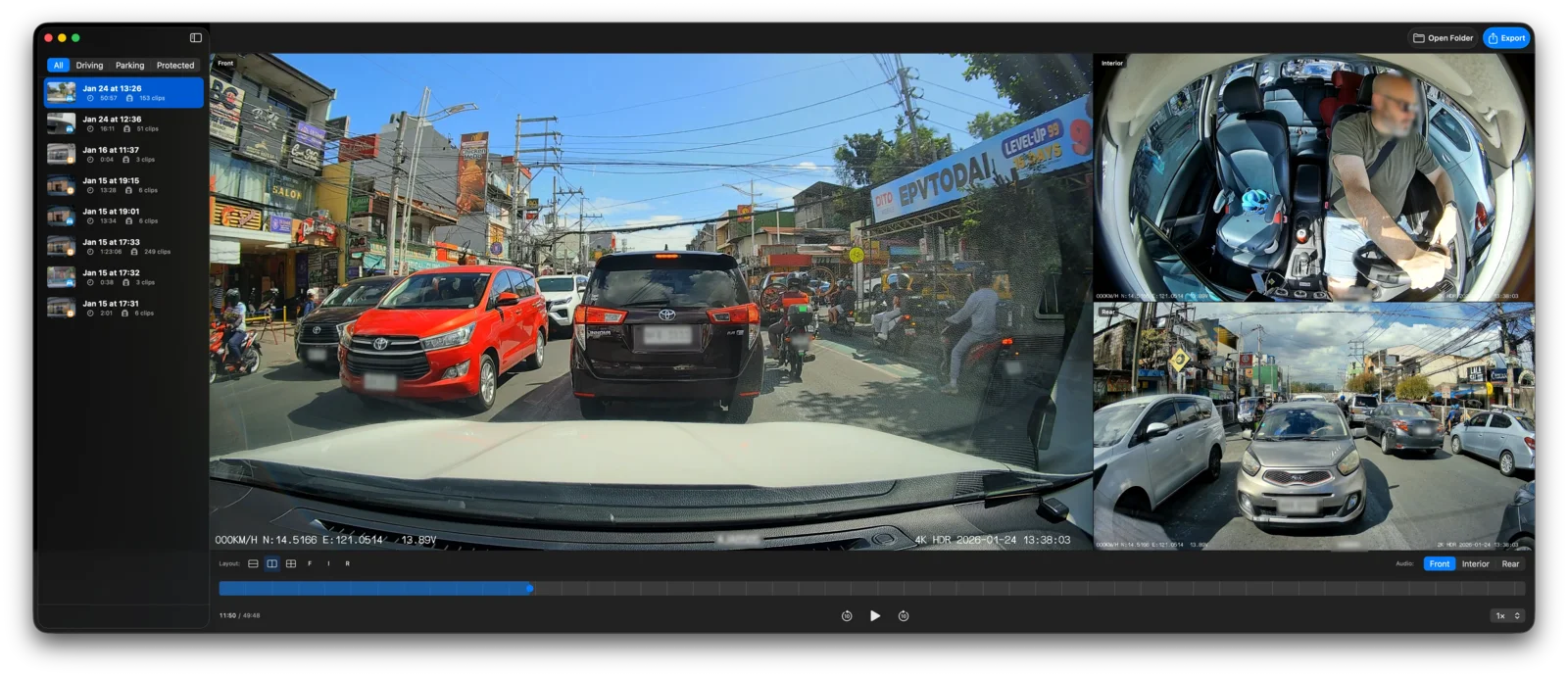 Wide layout with the front, interior and rear cameras side by side